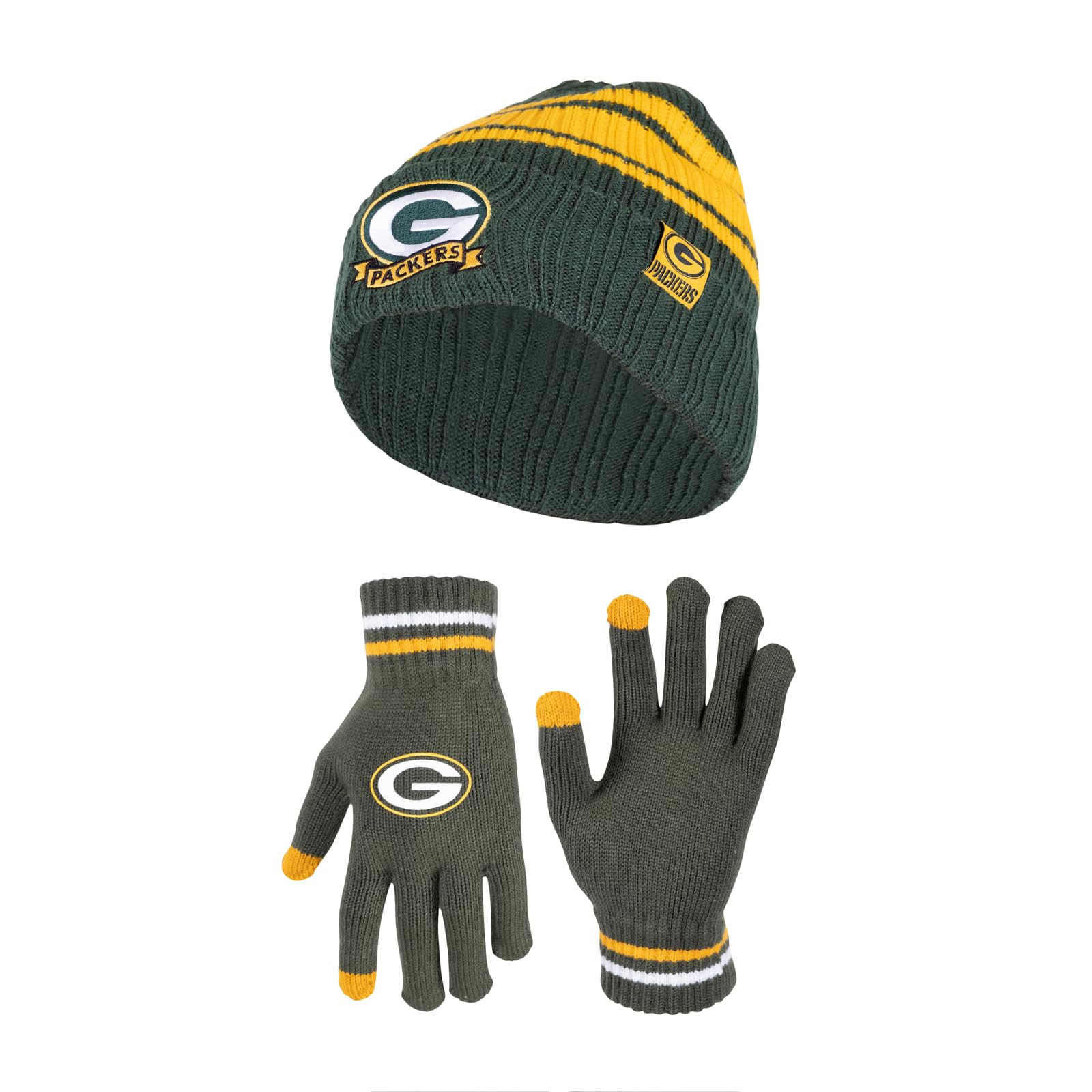 Ultra Game NFL Green Bay Packers Womens Super Soft Team Stripe Winter Beanie Knit Hat with Extra Warm Touch Screen Gloves|Green Bay Packers