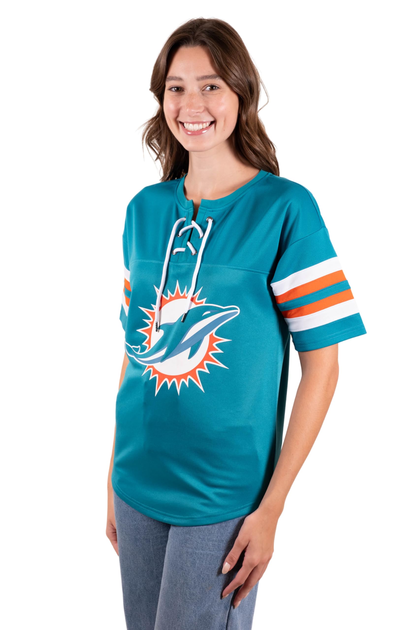 Ultra Game NFL Miami Dolphins Womens Standard Lace Up Tee Shirt Penalty Box|Miami Dolphins - UltraGameShop