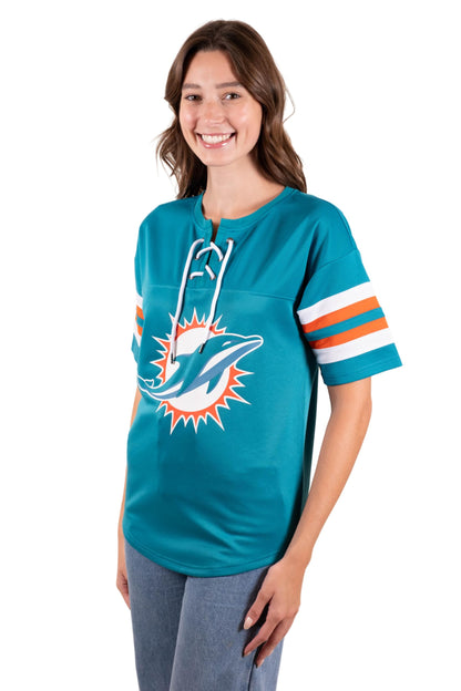 Ultra Game NFL Miami Dolphins Womens Standard Lace Up Tee Shirt Penalty Box|Miami Dolphins - UltraGameShop