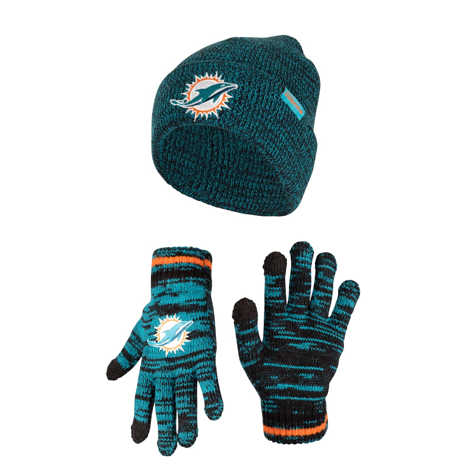 Ultra Game NFL Miami Dolphins Youth Super Soft Marled Winter Beanie Knit Hat with Extra Warm Touch Screen Gloves|Miami Dolphins