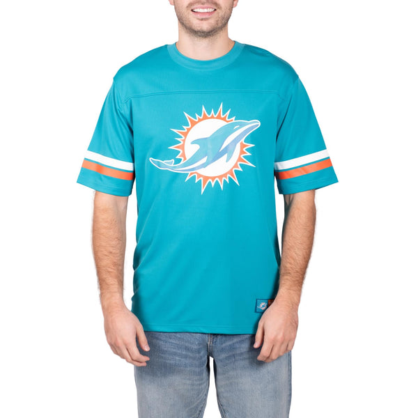 Ultra Game NFL Miami Dolphins Mens Standard Jersey Crew Neck Mesh Stripe T-Shirt|Miami Dolphins