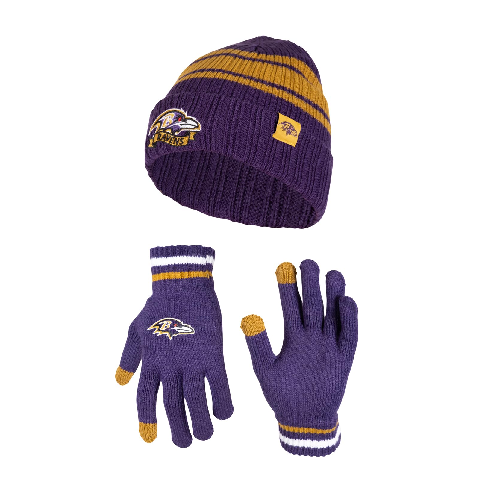Ultra Game NFL Baltimore Ravens Womens Super Soft Team Stripe Winter Beanie Knit Hat with Extra Warm Touch Screen Gloves|Baltimore Ravens