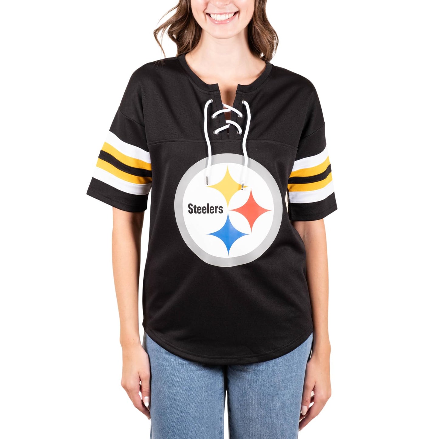 Ultra Game NFL Pittsburgh Steelers Womens Standard Lace Up Tee Shirt Penalty Box|Pittsburgh Steelers - UltraGameShop