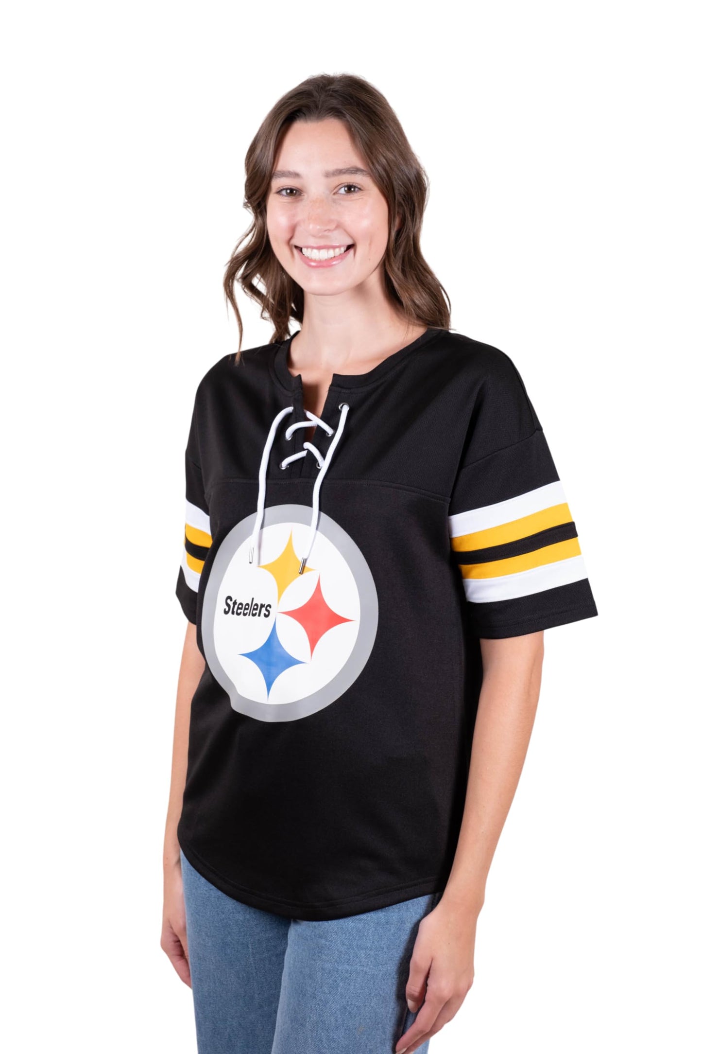 Ultra Game NFL Pittsburgh Steelers Womens Standard Lace Up Tee Shirt Penalty Box|Pittsburgh Steelers - UltraGameShop