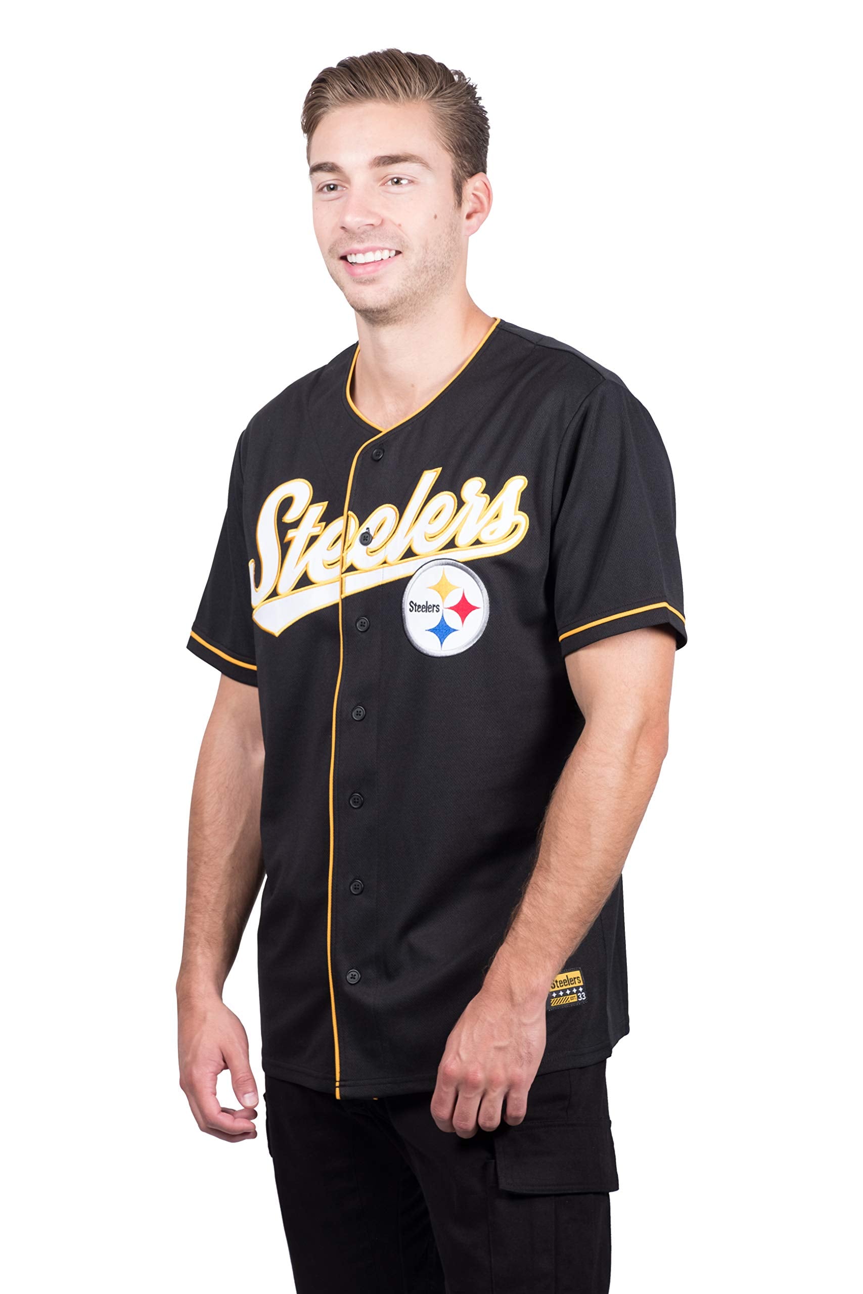 Ultra Game NFL Pittsburgh Steelers Mens Game Day Button Down Baseball Mesh Jersey Shirt|Pittsburgh Steelers