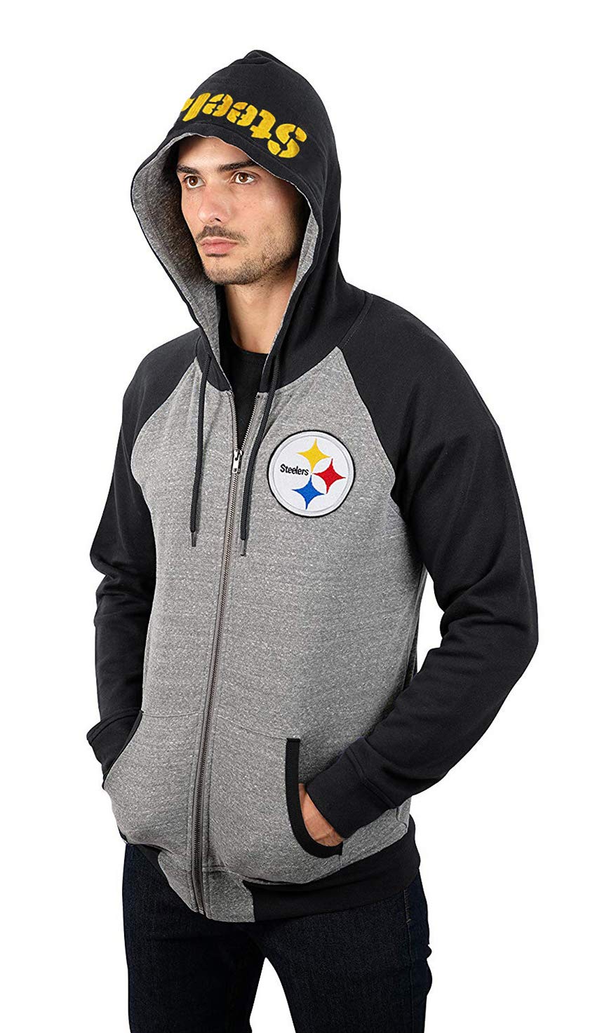 Ultra Game NFL Pittsburgh Steelers Mens Full Zip Soft Fleece Raglan Hoodie|Pittsburgh Steelers