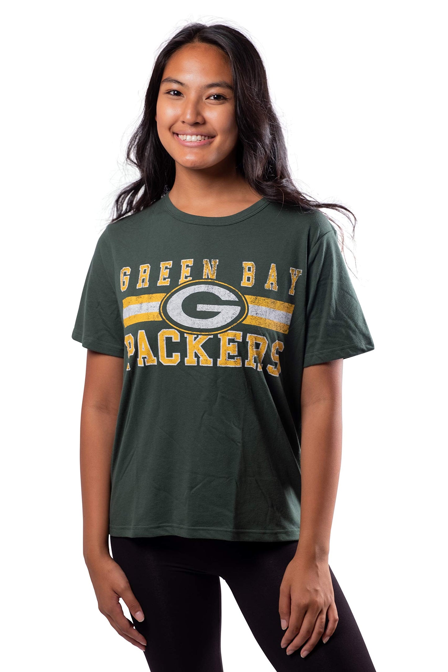 Ultra Game NFL Green Bay Packers Womens Distressed Graphics Soft Crew Neck Tee Shirt|Green Bay Packers - UltraGameShop