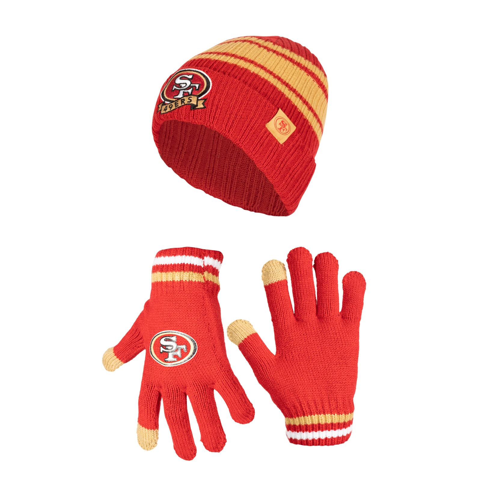 Ultra Game NFL San Francisco 49ers Youth Super Soft Team Stripe Winter Beanie Knit Hat with Extra Warm Touch Screen Gloves|San Francisco 49ers