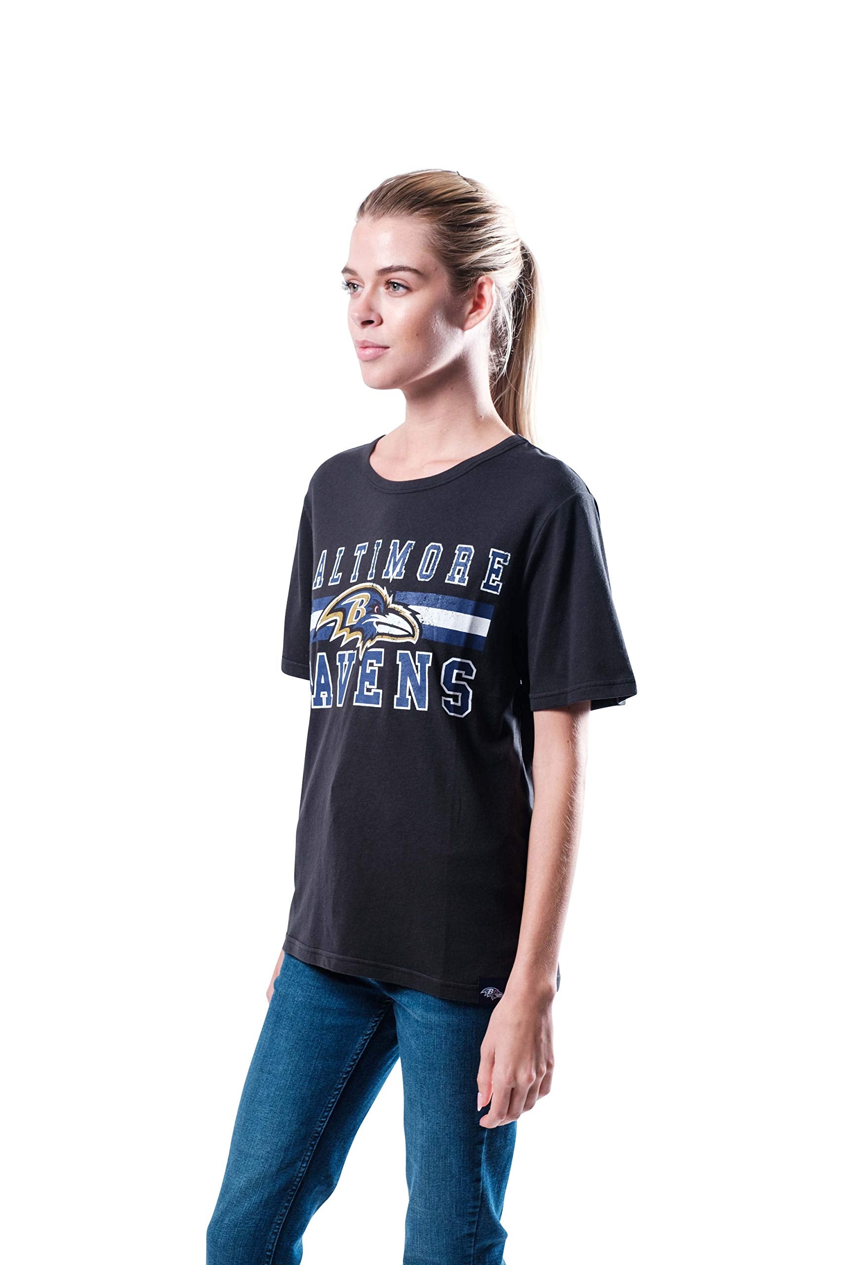 Ultra Game NFL Baltimore Ravens Womens Distressed Graphics Soft Crew Neck Tee Shirt|Baltimore Ravens