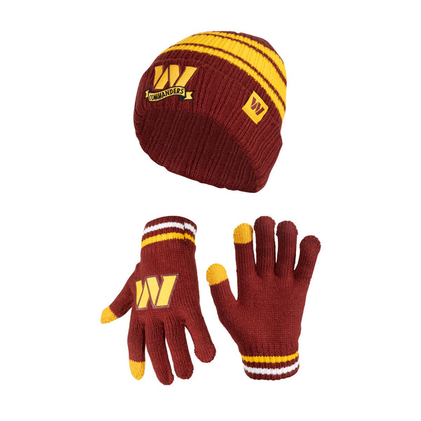 Ultra Game NFL Washington Commanders Youth Super Soft Team Stripe Winter Beanie Knit Hat with Extra Warm Touch Screen Gloves|Washington Commanders