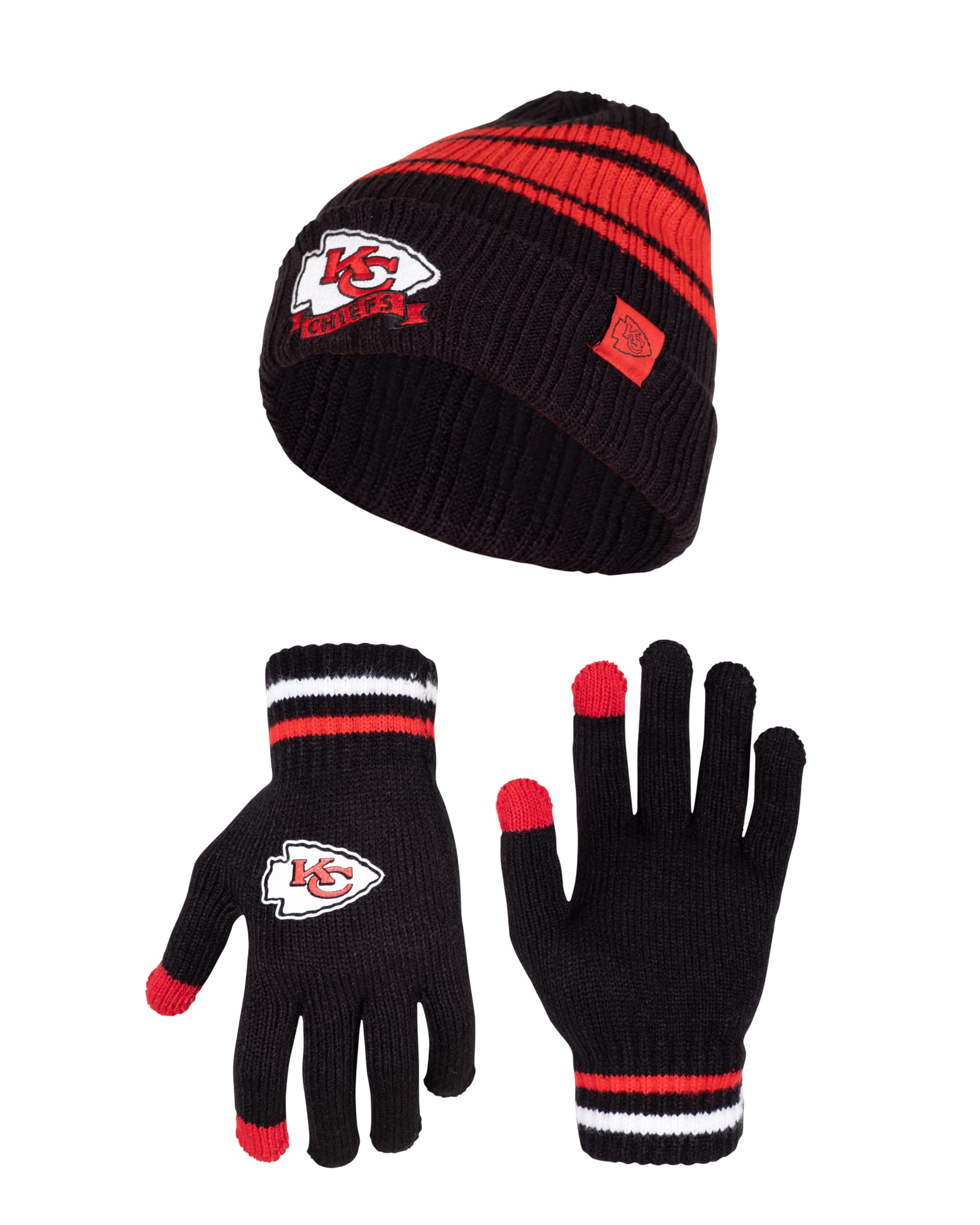 Ultra Game NFL Kansas City Chiefs Womens Super Soft Team Stripe Winter Beanie Knit Hat with Extra Warm Touch Screen Gloves|Kansas City Chiefs - UltraGameShop