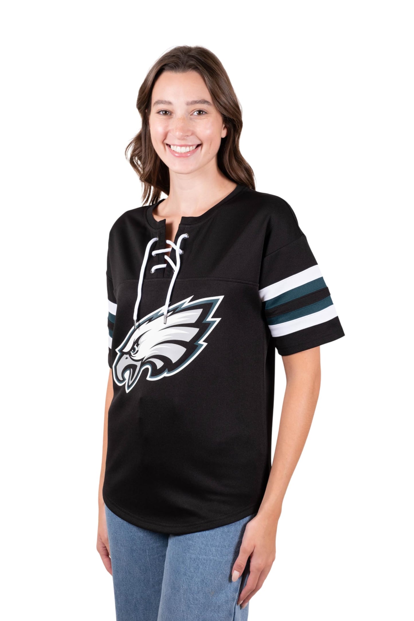 Ultra Game NFL Philadelphia Eagles Womens Standard Lace Up Tee Shirt Penalty Box|Philadelphia Eagles - UltraGameShop