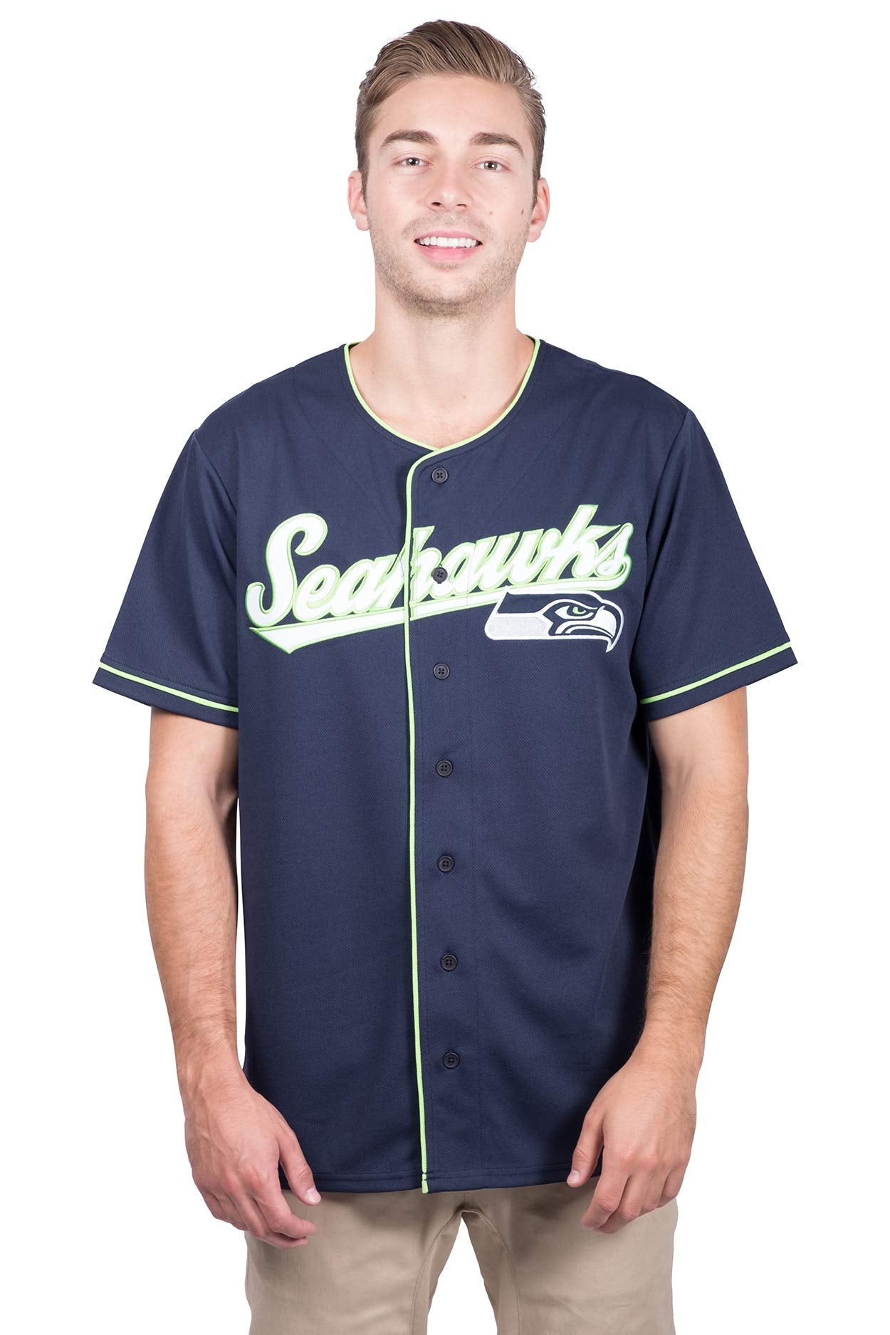 Ultra Game NFL Seattle Seahawks Mens Game Day Button Down Baseball Mesh Jersey Shirt|Seattle Seahawks