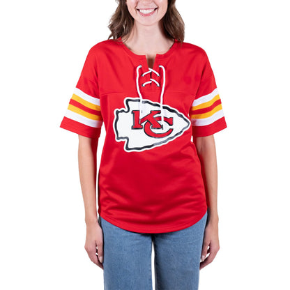 Ultra Game NFL Kansas City Chiefs Womens Standard Lace Up Tee Shirt Penalty Box|Kansas City Chiefs - UltraGameShop