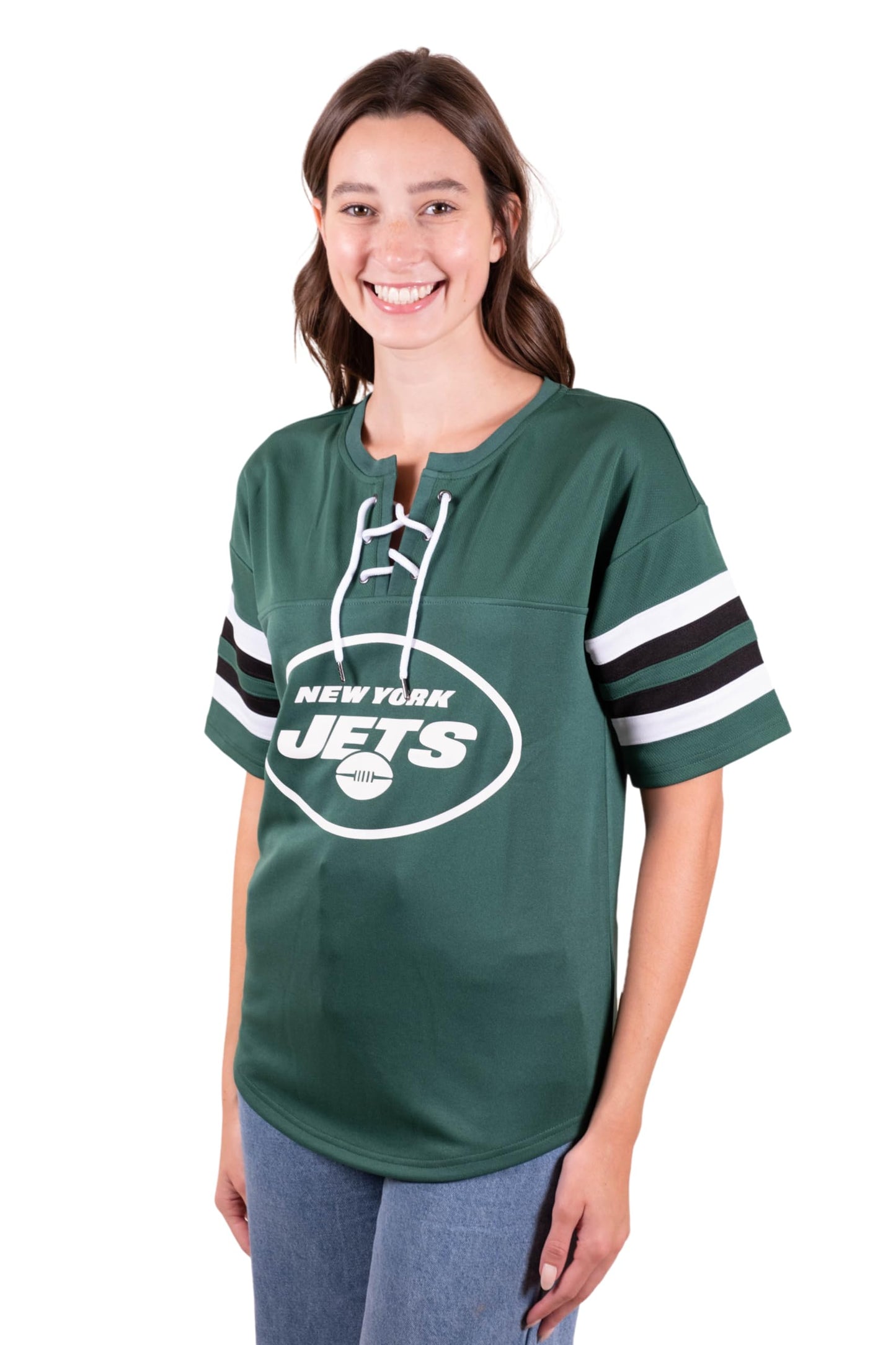 Ultra Game NFL New York Jets Womens Standard Lace Up Tee Shirt Penalty Box|New York Jets - UltraGameShop