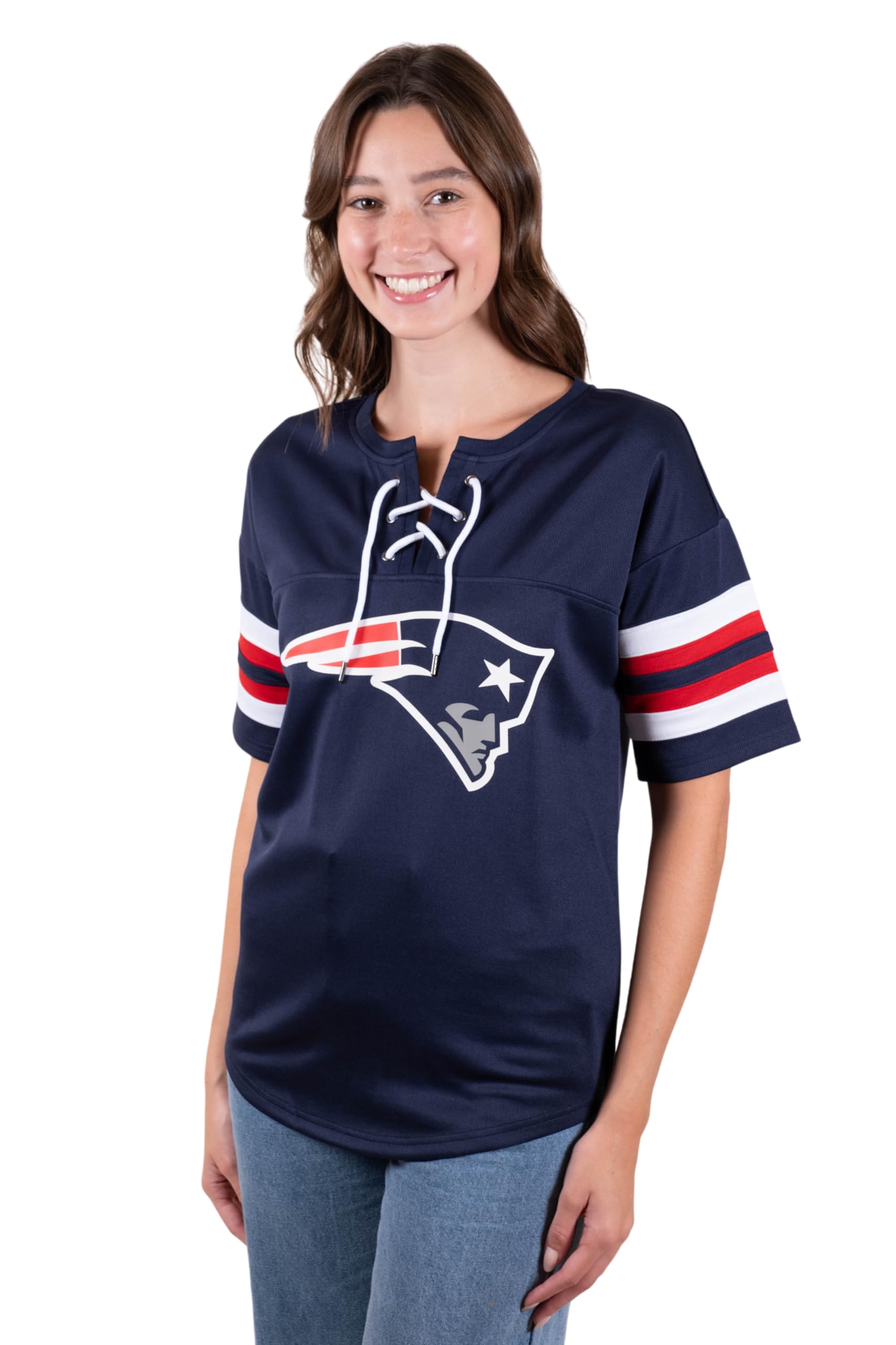 Ultra Game NFL New England Patriots Womens Standard Lace Up Tee Shirt Penalty Box|New England Patriots - UltraGameShop