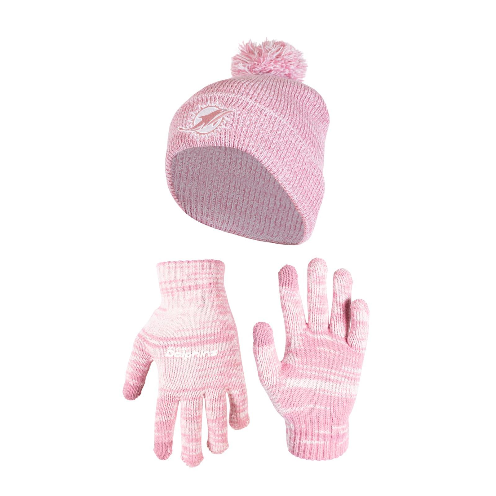 Ultra Game NFL Miami Dolphins Womens Super Soft Pink Marl Winter Beanie Knit Hat with Extra Warm Touch Screen Gloves|Miami Dolphins - UltraGameShop