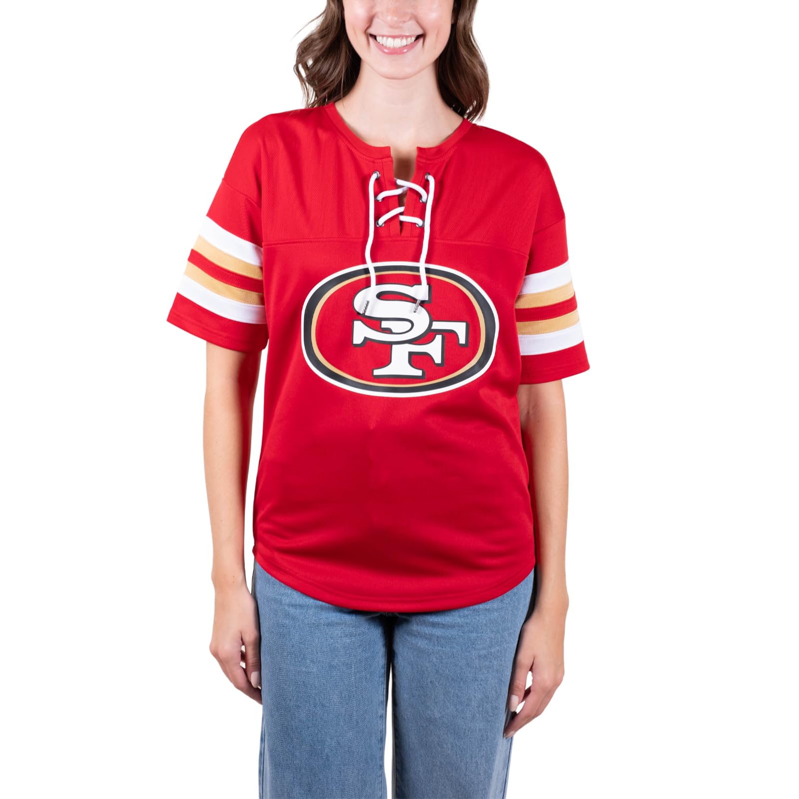 Ultra Game NFL San Francisco 49ers Womens Standard Lace Up Tee Shirt Penalty Box|San Francisco 49ers - UltraGameShop