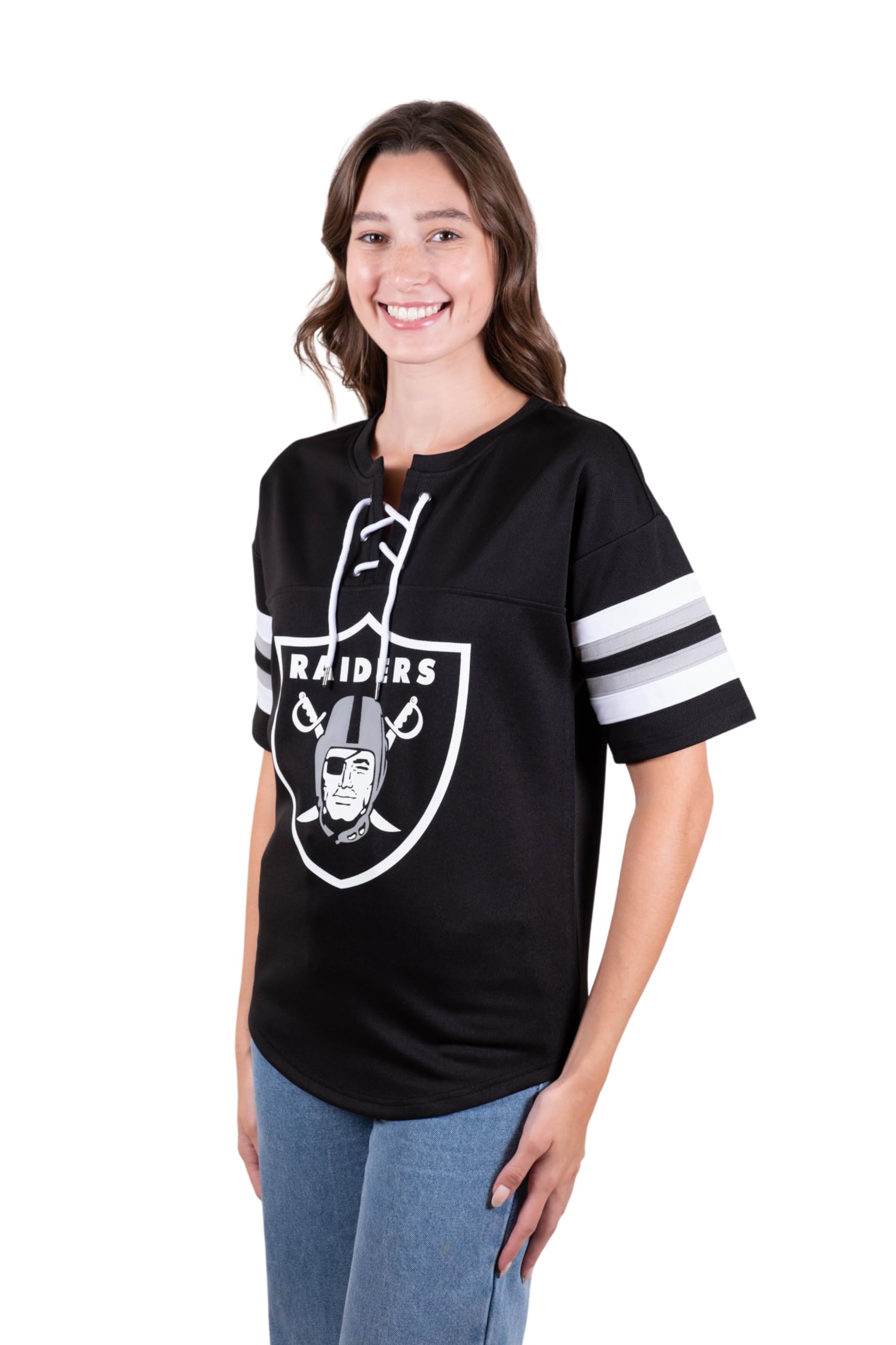 Ultra Game NFL Las Vegas Raiders Womens Standard Lace Up Tee Shirt Penalty Box|Las Vegas Raiders - UltraGameShop