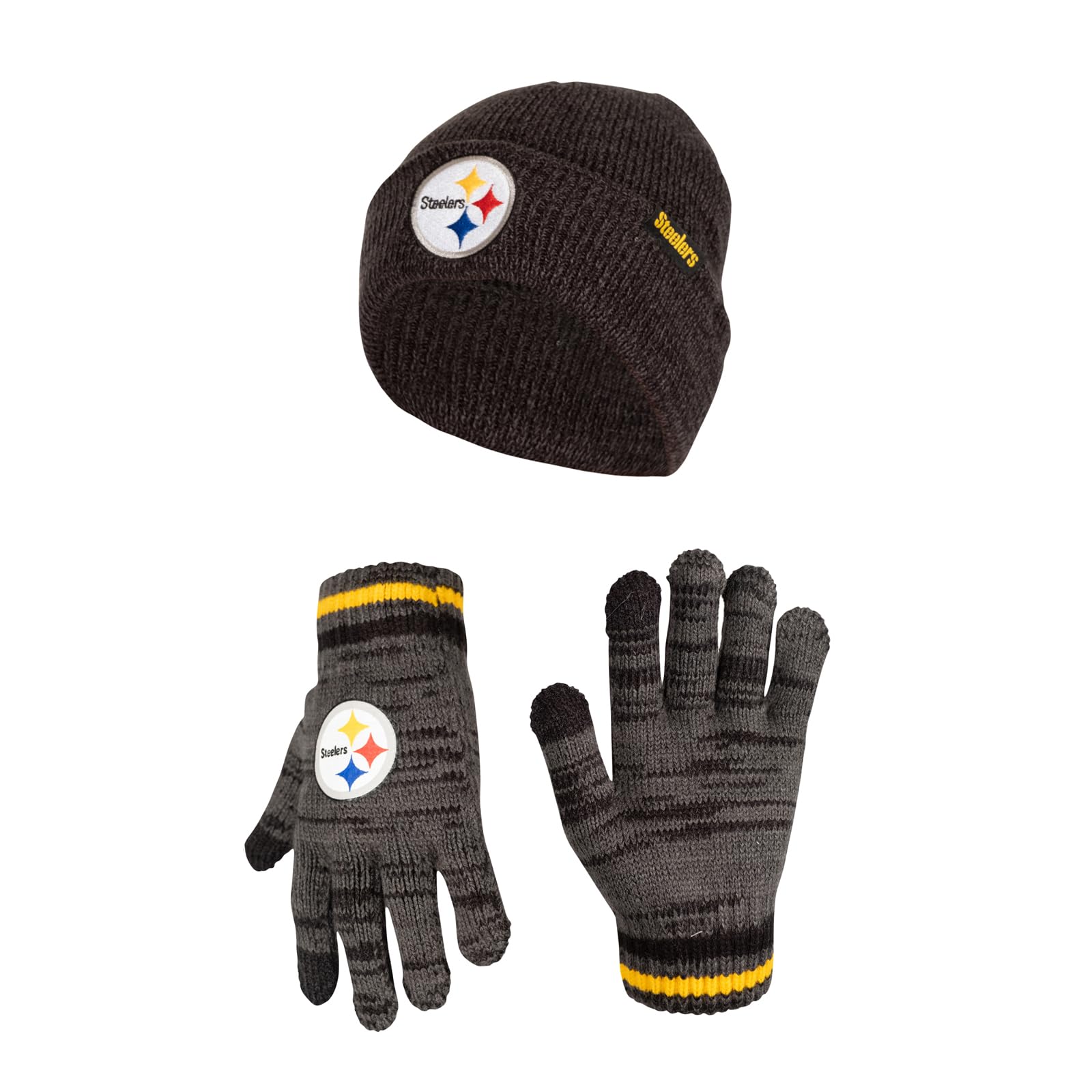Ultra Game NFL Pittsburgh Steelers Youth Super Soft Marled Winter Beanie Knit Hat with Extra Warm Touch Screen Gloves|Pittsburgh Steelers