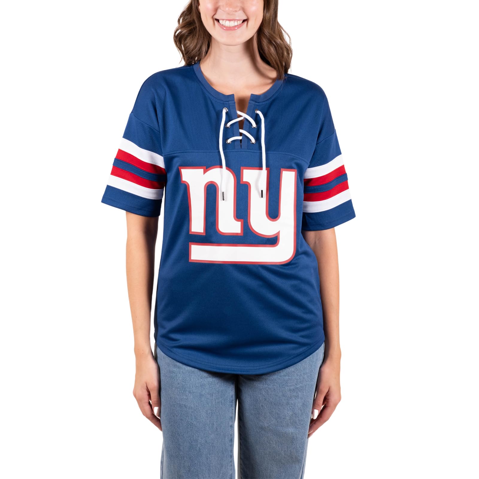 Ultra Game NFL New York Giants Womens Standard Lace Up Tee Shirt Penalty Box|New York Giants - UltraGameShop