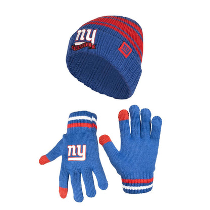 Ultra Game NFL New York Giants Youth Super Soft Team Stripe Winter Beanie Knit Hat with Extra Warm Touch Screen Gloves|New York Giants - UltraGameShop