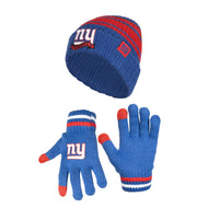Ultra Game NFL New York Giants Youth Super Soft Team Stripe Winter Beanie Knit Hat with Extra Warm Touch Screen Gloves|New York Giants