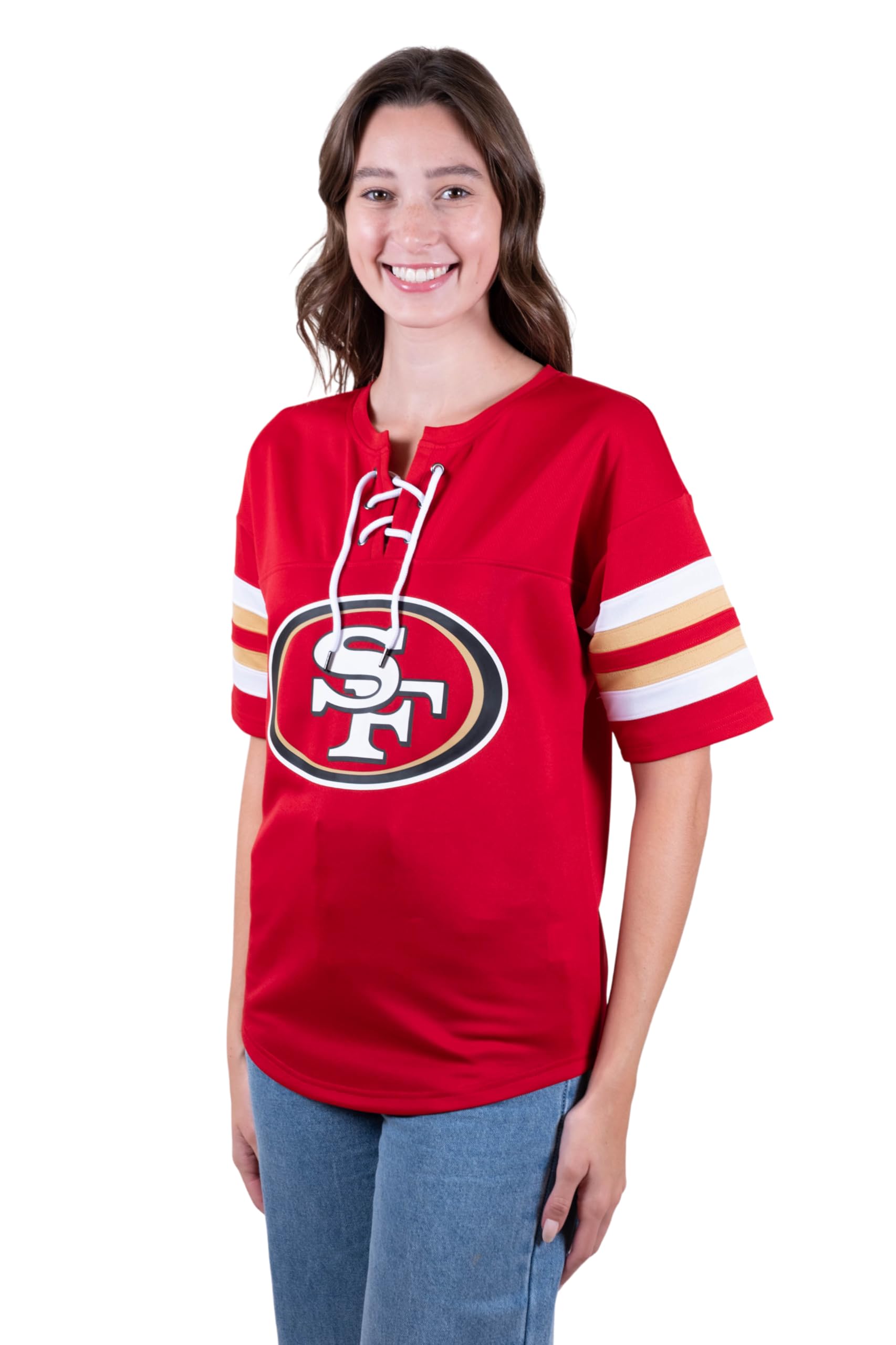 Ultra Game NFL San Francisco 49ers Womens Standard Lace Up Tee Shirt Penalty Box|San Francisco 49ers - UltraGameShop