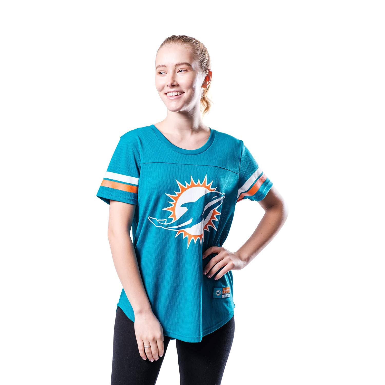 Ultra Game NFL Miami Dolphins Womens Soft Mesh Varsity Stripe T-Shirt|Miami Dolphins