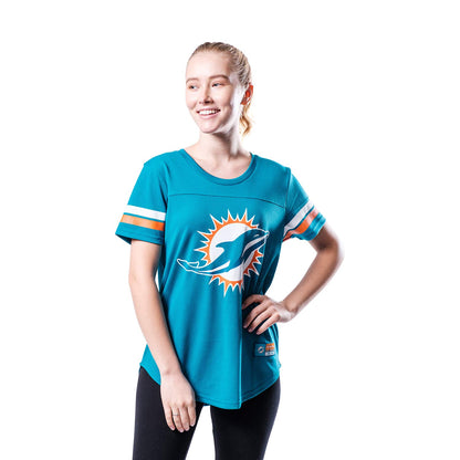 Ultra Game NFL Miami Dolphins Womens Soft Mesh Varsity Stripe T-Shirt|Miami Dolphins - UltraGameShop