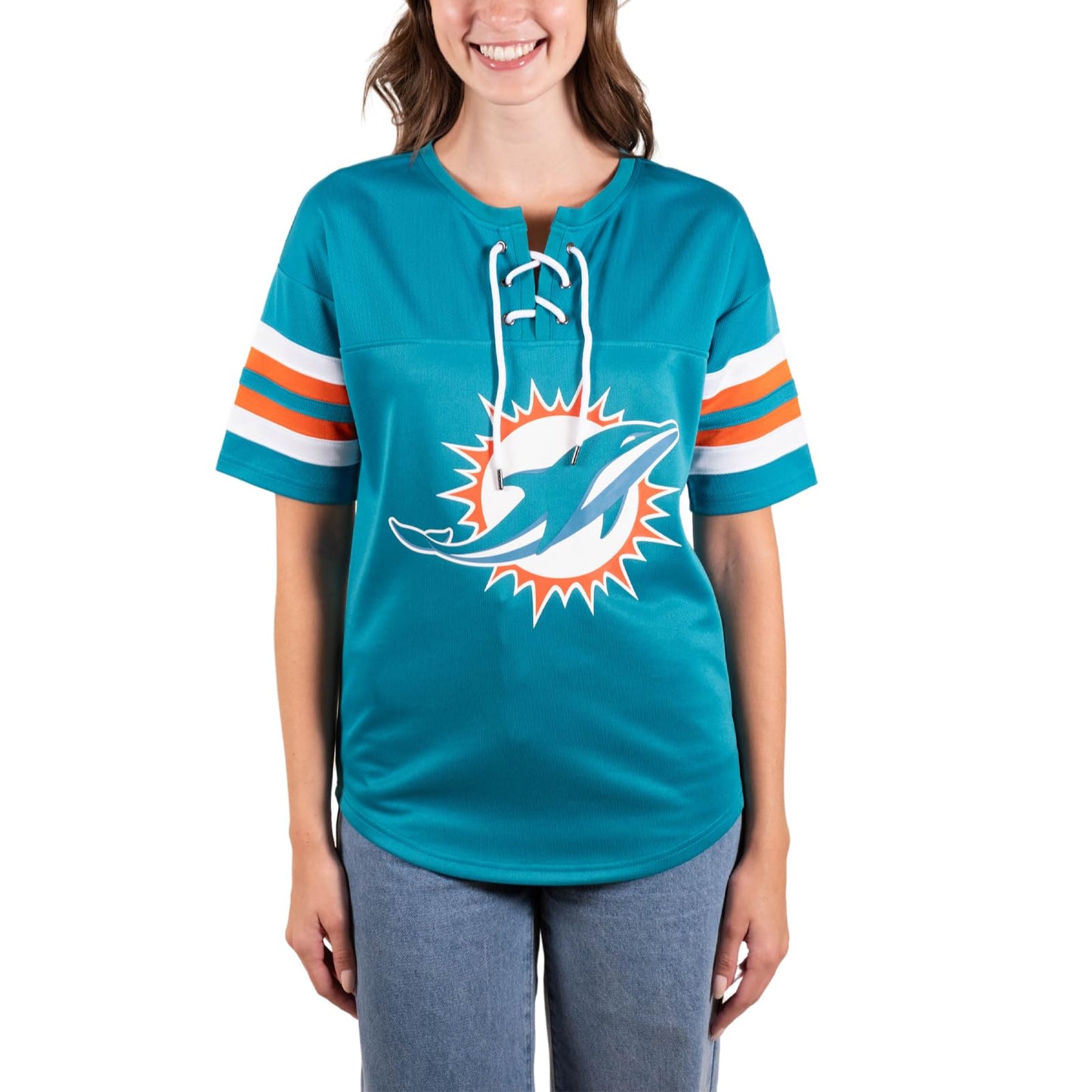 Ultra Game NFL Miami Dolphins Womens Standard Lace Up Tee Shirt Penalty Box|Miami Dolphins - UltraGameShop