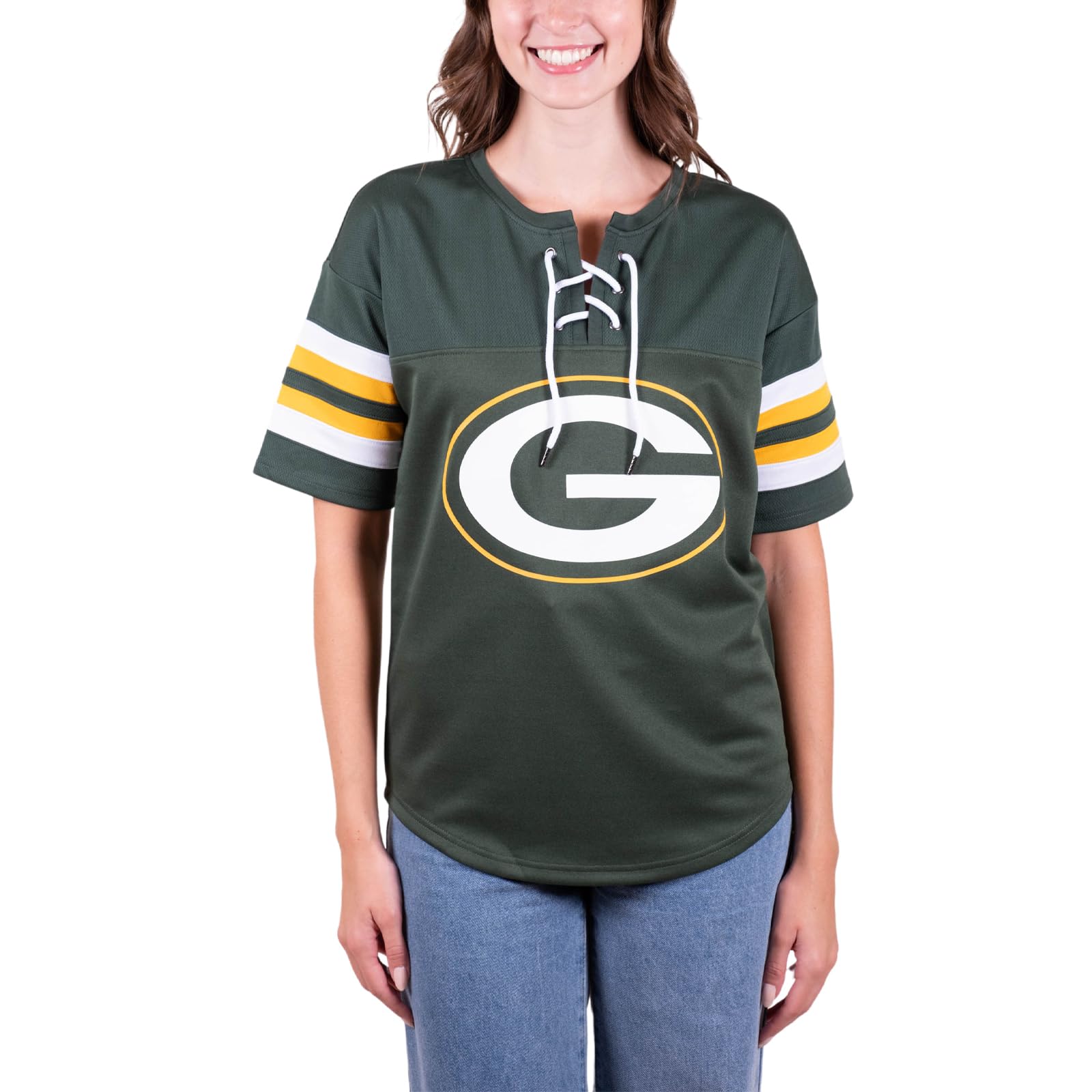 Ultra Game NFL Green Bay Packers Womens Standard Lace Up Tee Shirt Penalty Box|Green Bay Packers - UltraGameShop