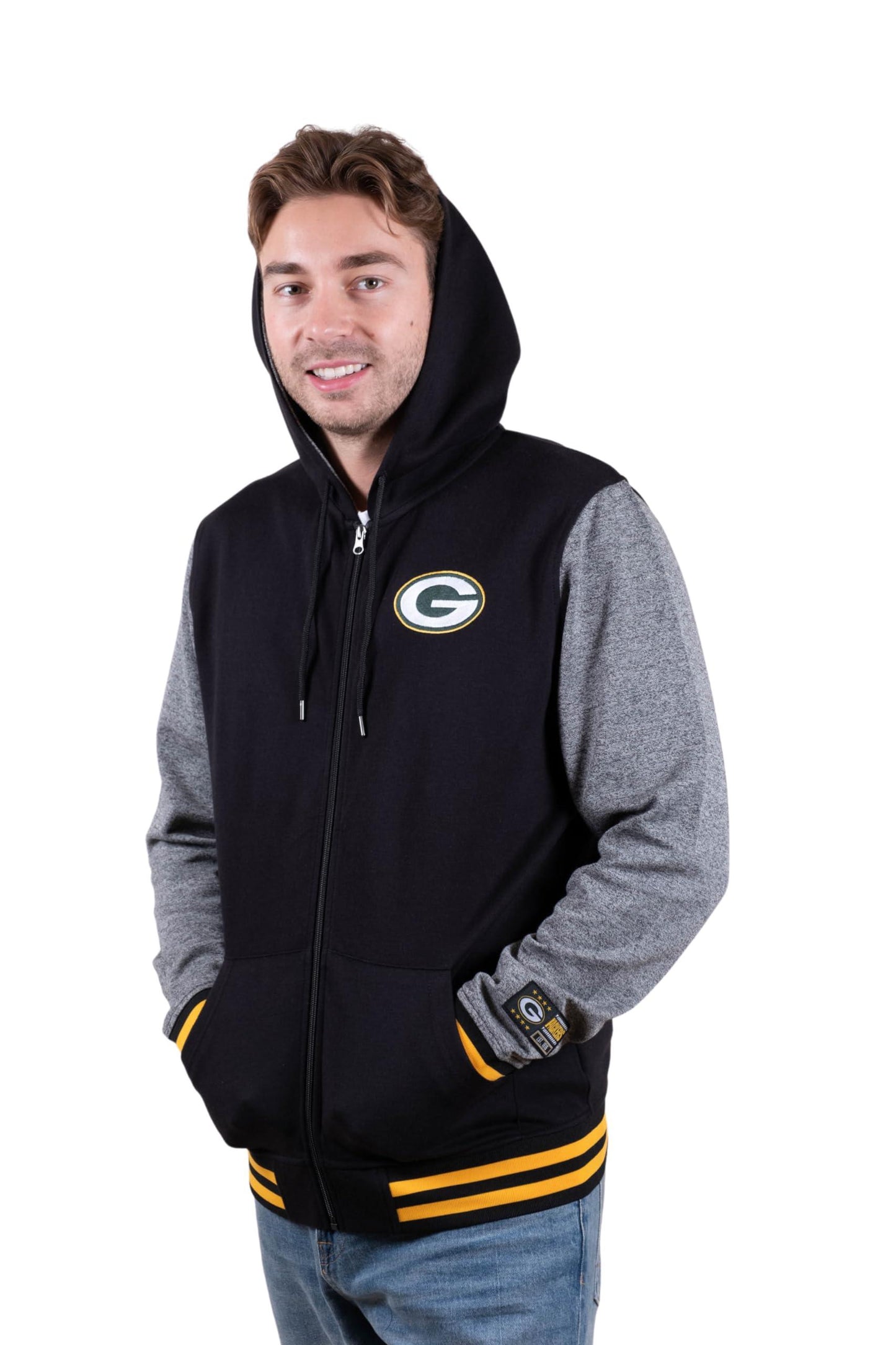 Ultra Game NFL Green Bay Packers Mens Full Zip Soft Fleece Letterman Varsity Jacket Hoodie|Green Bay Packers - UltraGameShop