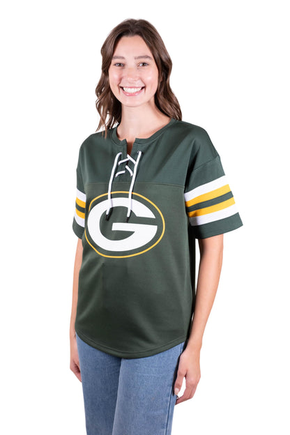 Ultra Game NFL Green Bay Packers Womens Standard Lace Up Tee Shirt Penalty Box|Green Bay Packers - UltraGameShop