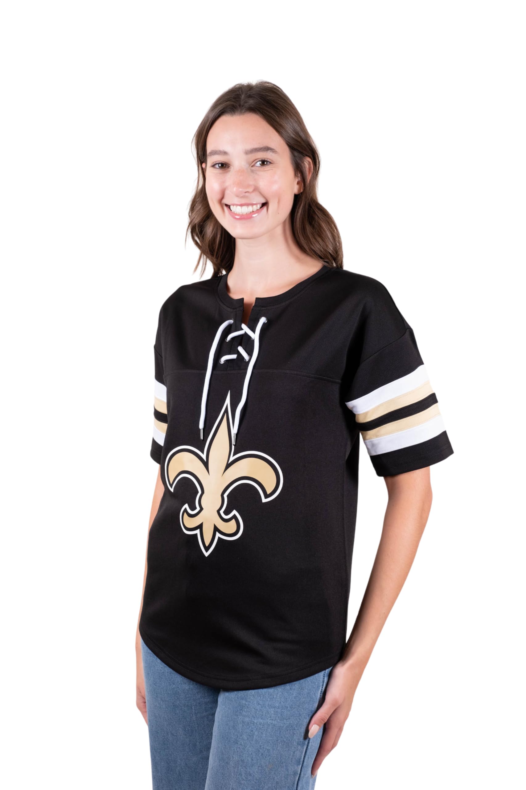 Ultra Game NFL New Orleans Saints Womens Standard Lace Up Tee Shirt Penalty Box|New Orleans Saints - UltraGameShop