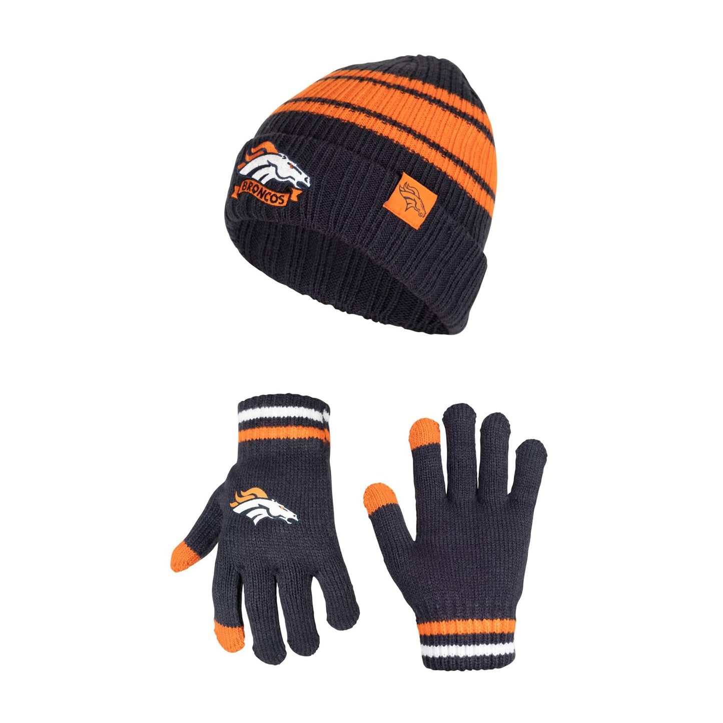 Ultra Game NFL Denver Broncos Youth Super Soft Team Stripe Winter Beanie Knit Hat with Extra Warm Touch Screen Gloves|Denver Broncos - UltraGameShop