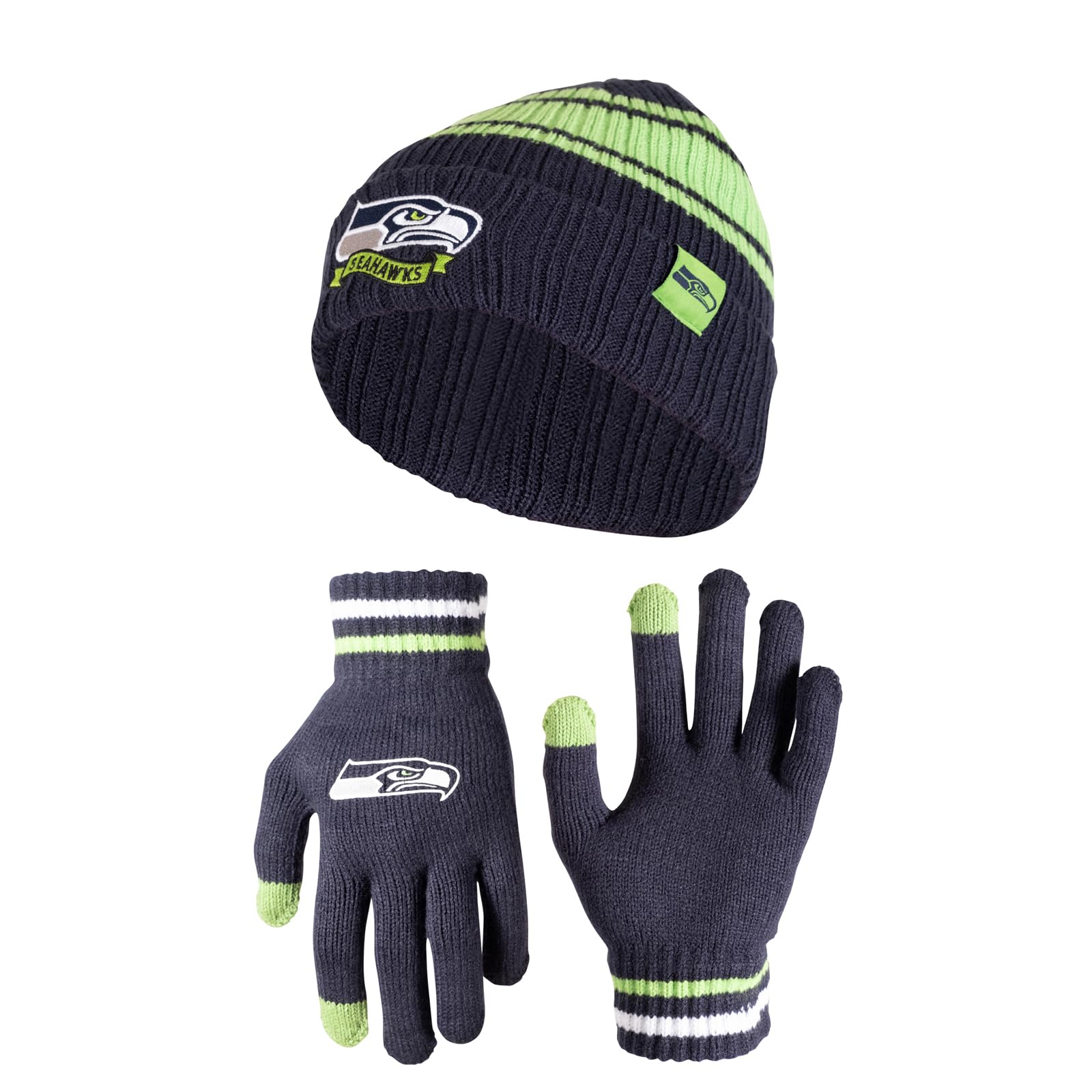 Ultra Game NFL Seattle Seahawks Womens Super Soft Team Stripe Winter Beanie Knit Hat with Extra Warm Touch Screen Gloves|Seattle Seahawks - UltraGameShop