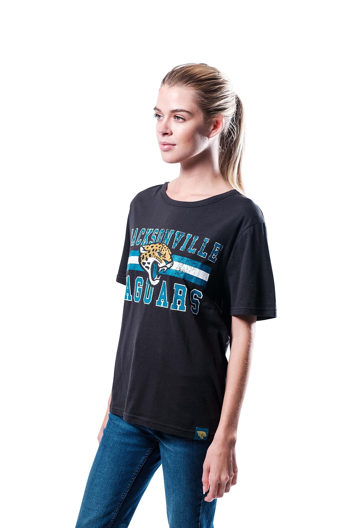 Ultra Game NFL Jacksonville Jaguars Womens Distressed Graphics Soft Crew Neck Tee Shirt|Jacksonville Jaguars - UltraGameShop