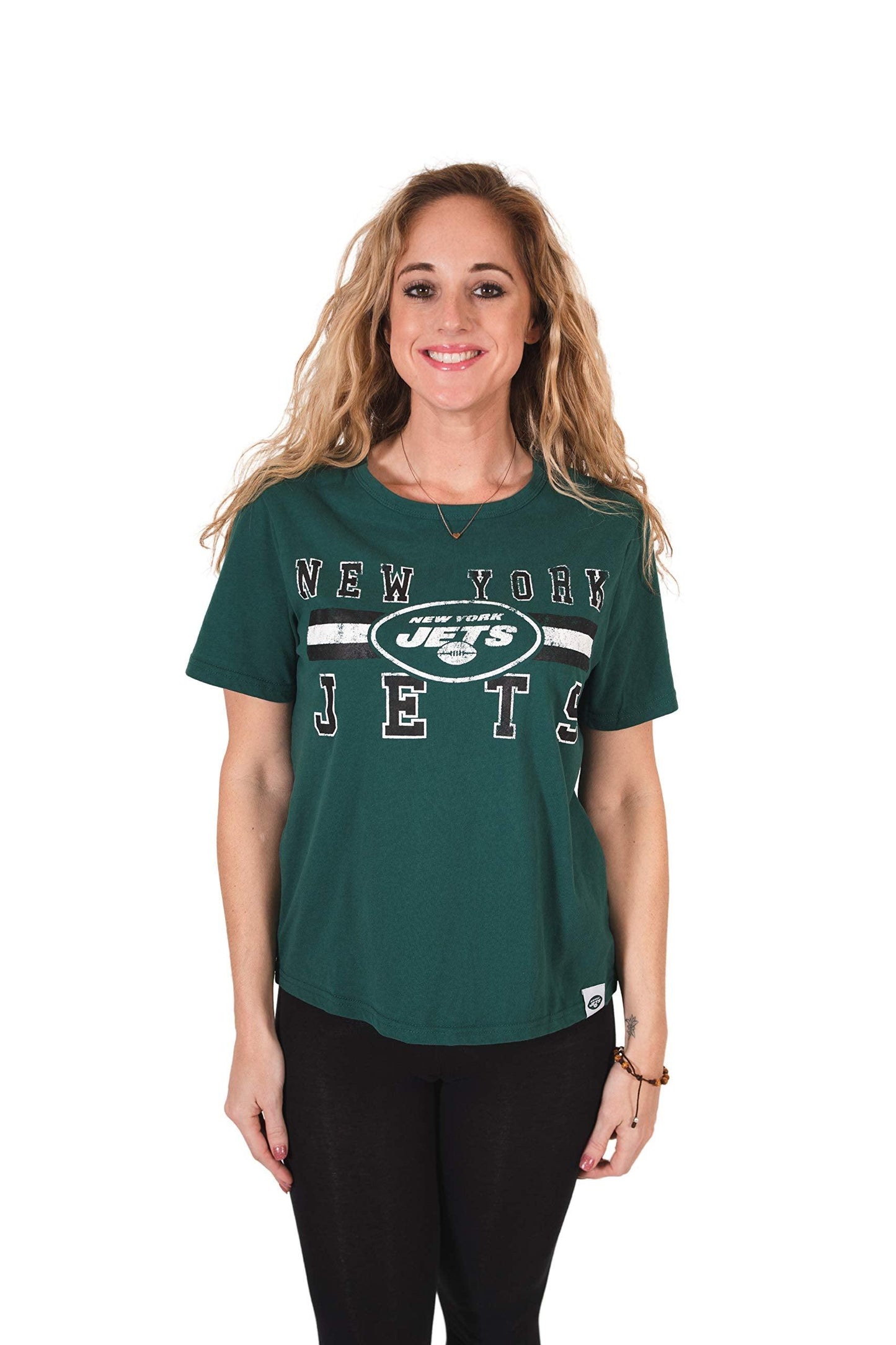 Ultra Game NFL New York Jets Womens Distressed Graphics Soft Crew Neck Tee Shirt|New York Jets - UltraGameShop