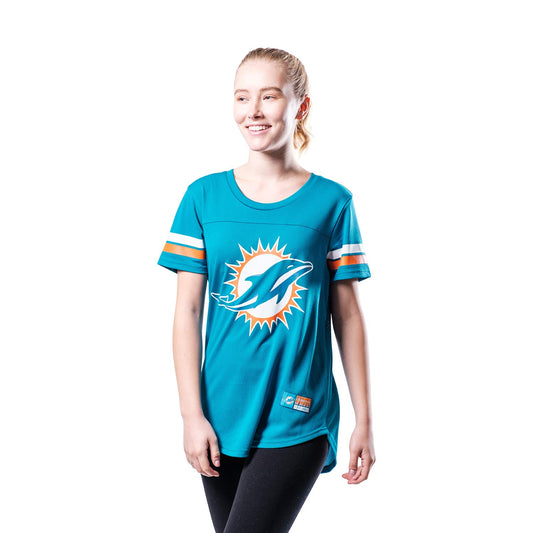 Ultra Game NFL Miami Dolphins Womens Soft Mesh Varsity Stripe T-Shirt|Miami Dolphins - UltraGameShop