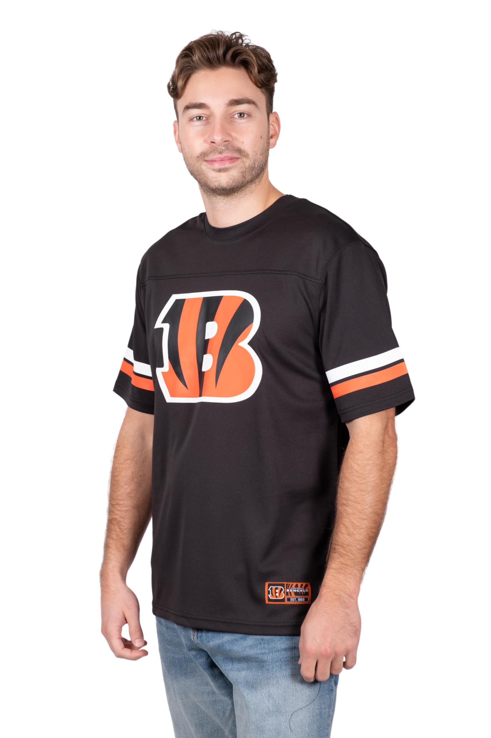 Ultra Game NFL Cincinnati Bengals Mens Standard Jersey Crew Neck Mesh Stripe T-Shirt|Cincinnati Bengals