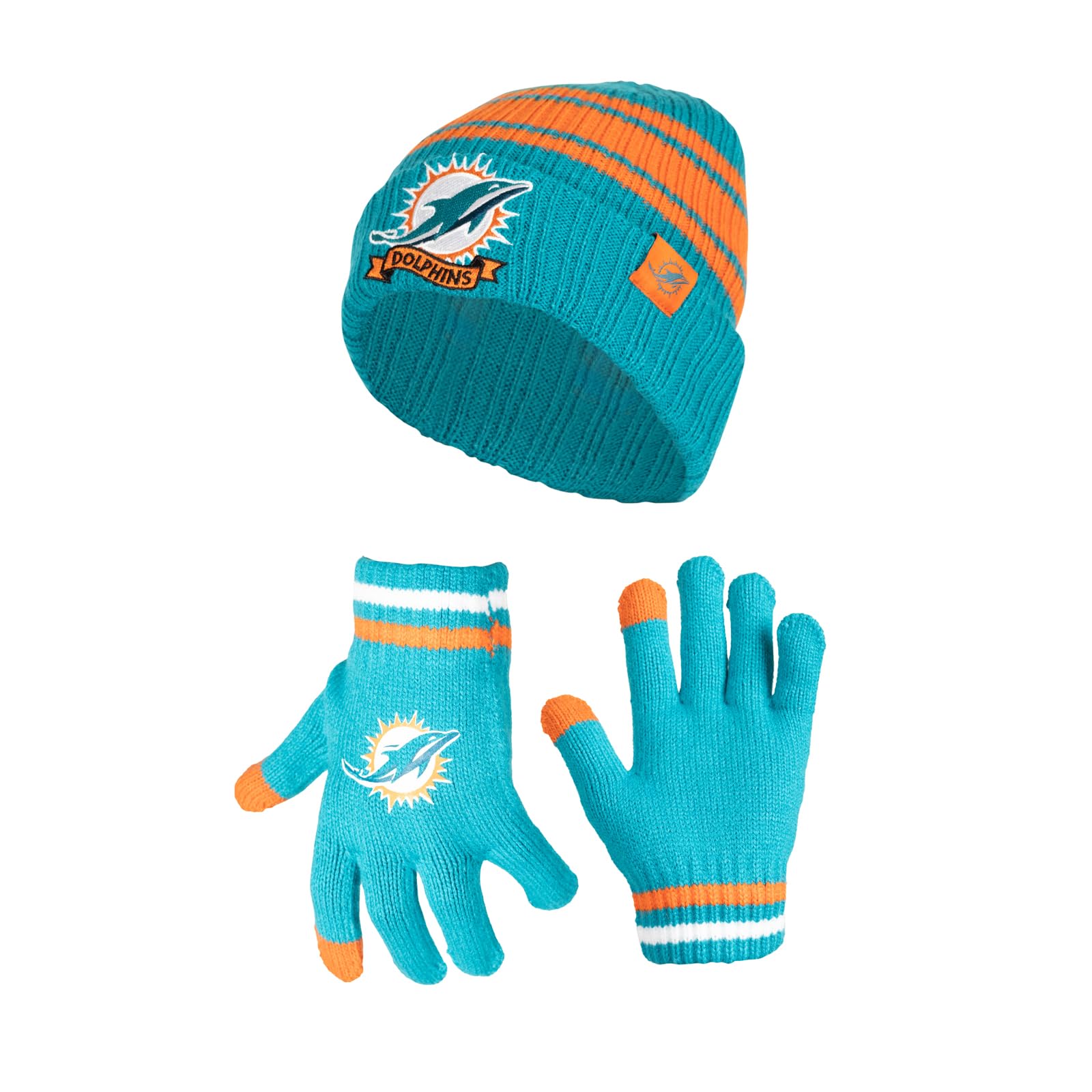 Ultra Game NFL Miami Dolphins Youth Super Soft Team Stripe Winter Beanie Knit Hat with Extra Warm Touch Screen Gloves|Miami Dolphins