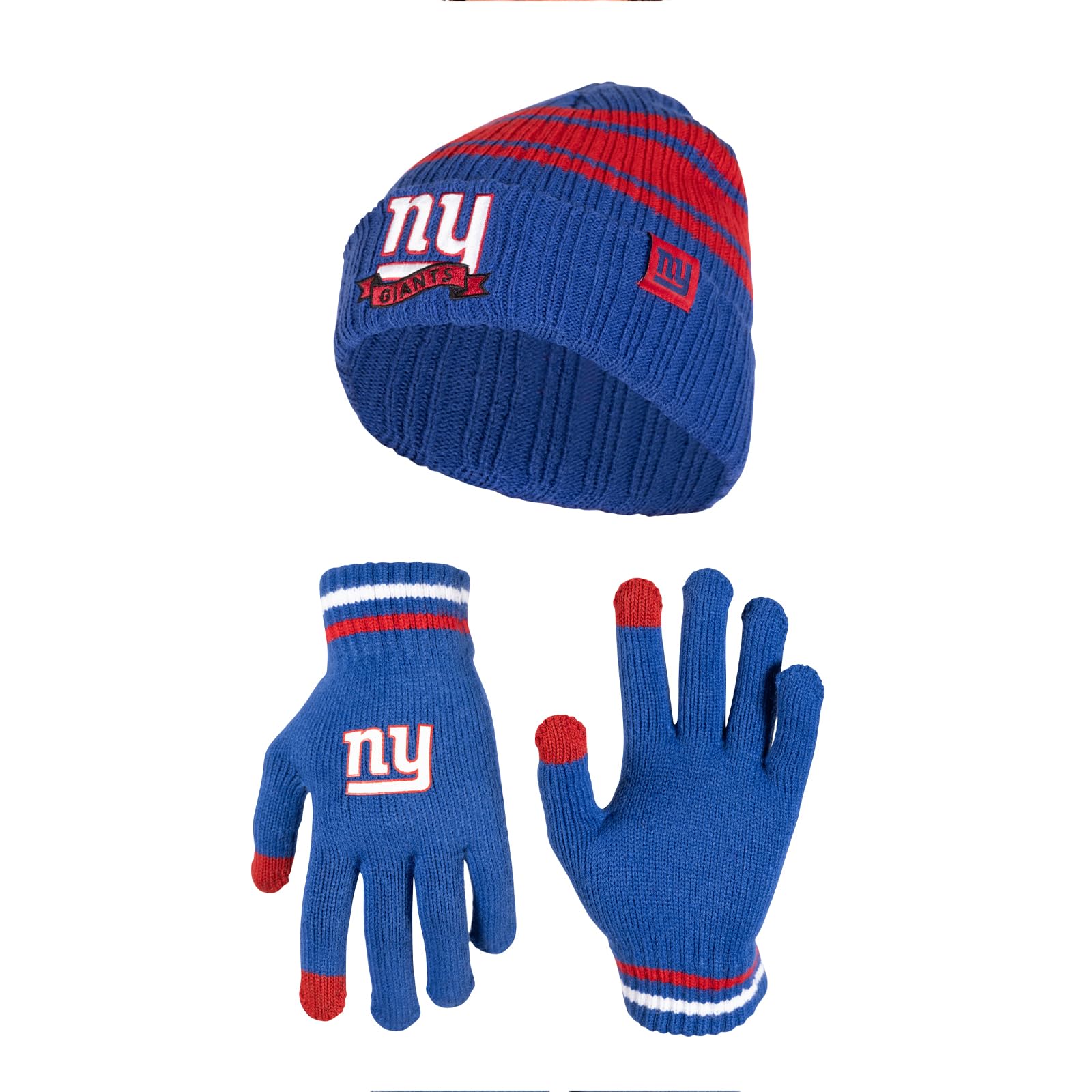 Ultra Game NFL New York Giants Womens Super Soft Team Stripe Winter Beanie Knit Hat with Extra Warm Touch Screen Gloves|New York Giants