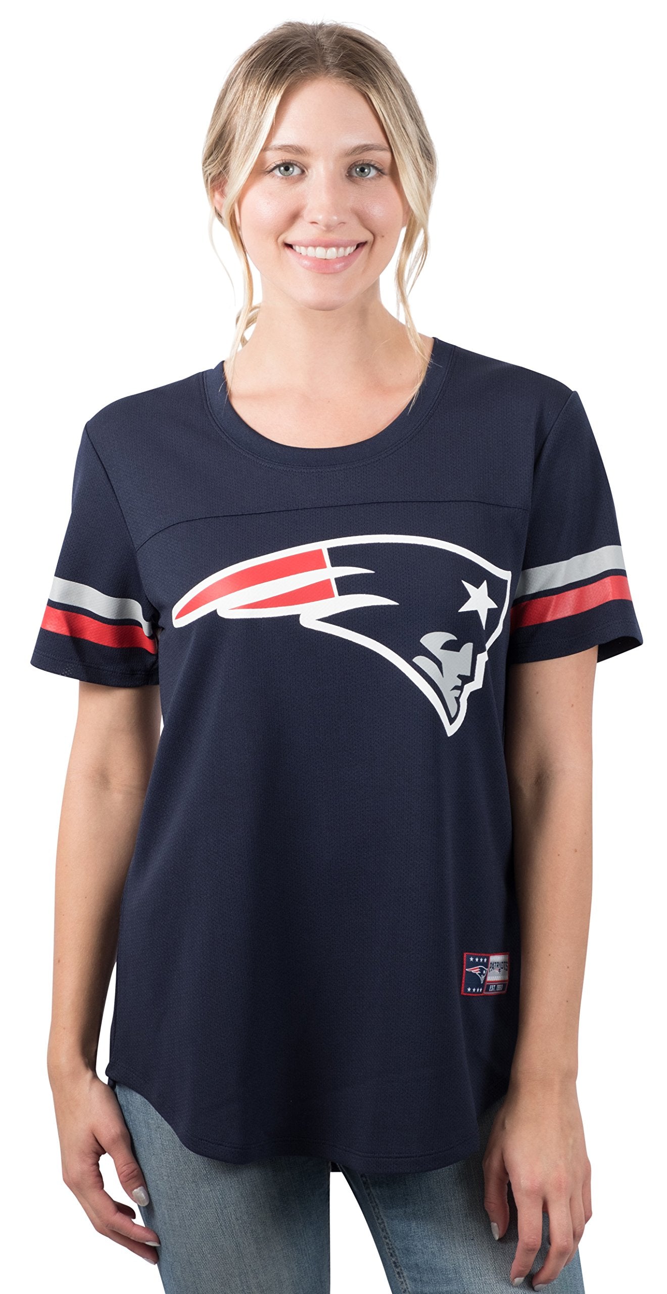 Ultra Game NFL New England Patriots Womens Soft Mesh Varsity Stripe T-Shirt|New England Patriots - UltraGameShop