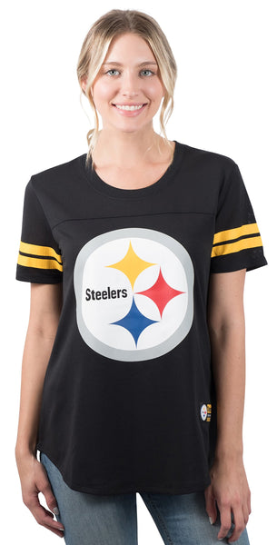 Ultra Game NFL Pittsburgh Steelers Womens Soft Mesh Varsity Stripe T-Shirt|Pittsburgh Steelers