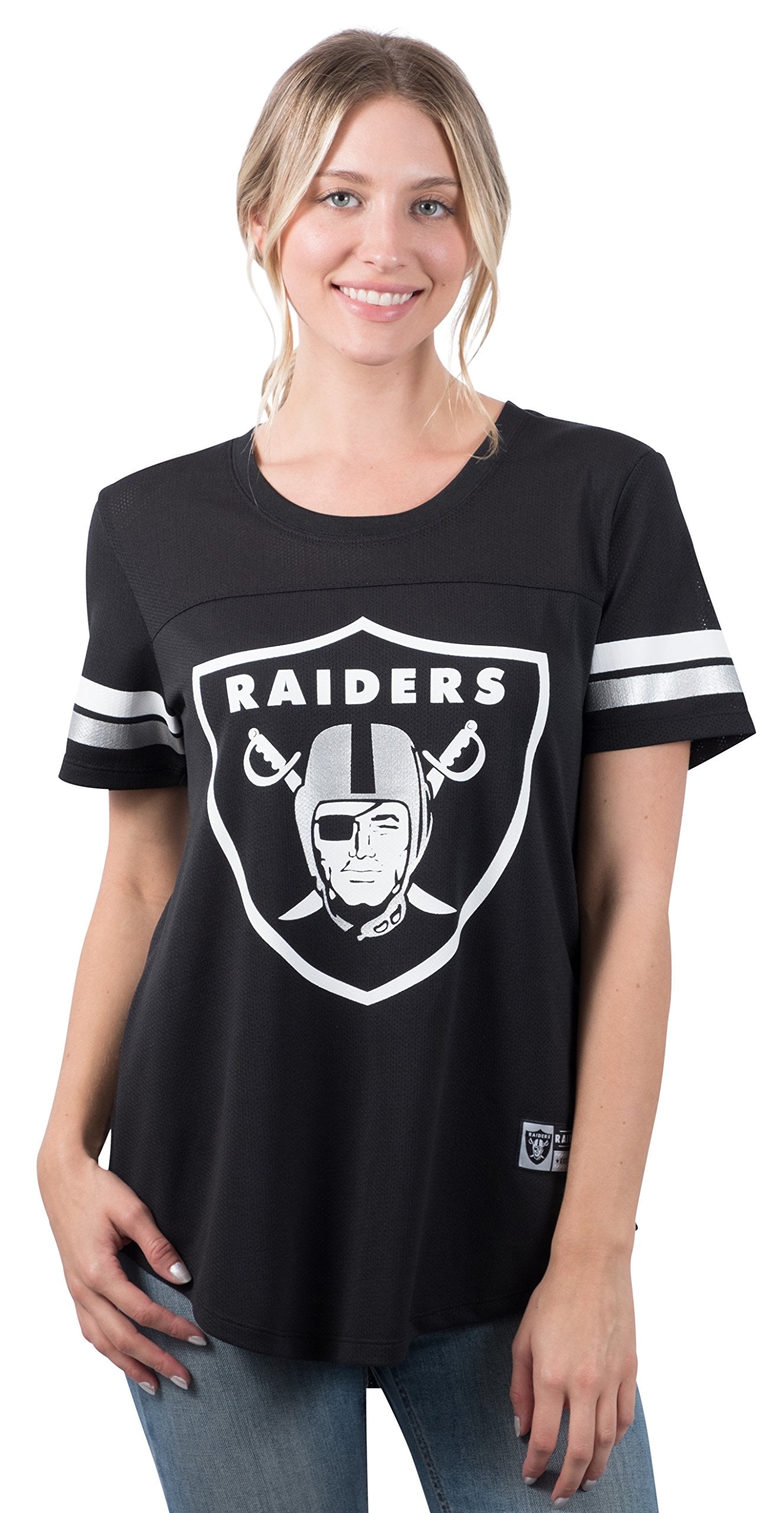 Ultra Game NFL Las Vegas Raiders Womens Soft Mesh Varsity Stripe T-Shirt|Las Vegas Raiders - UltraGameShop