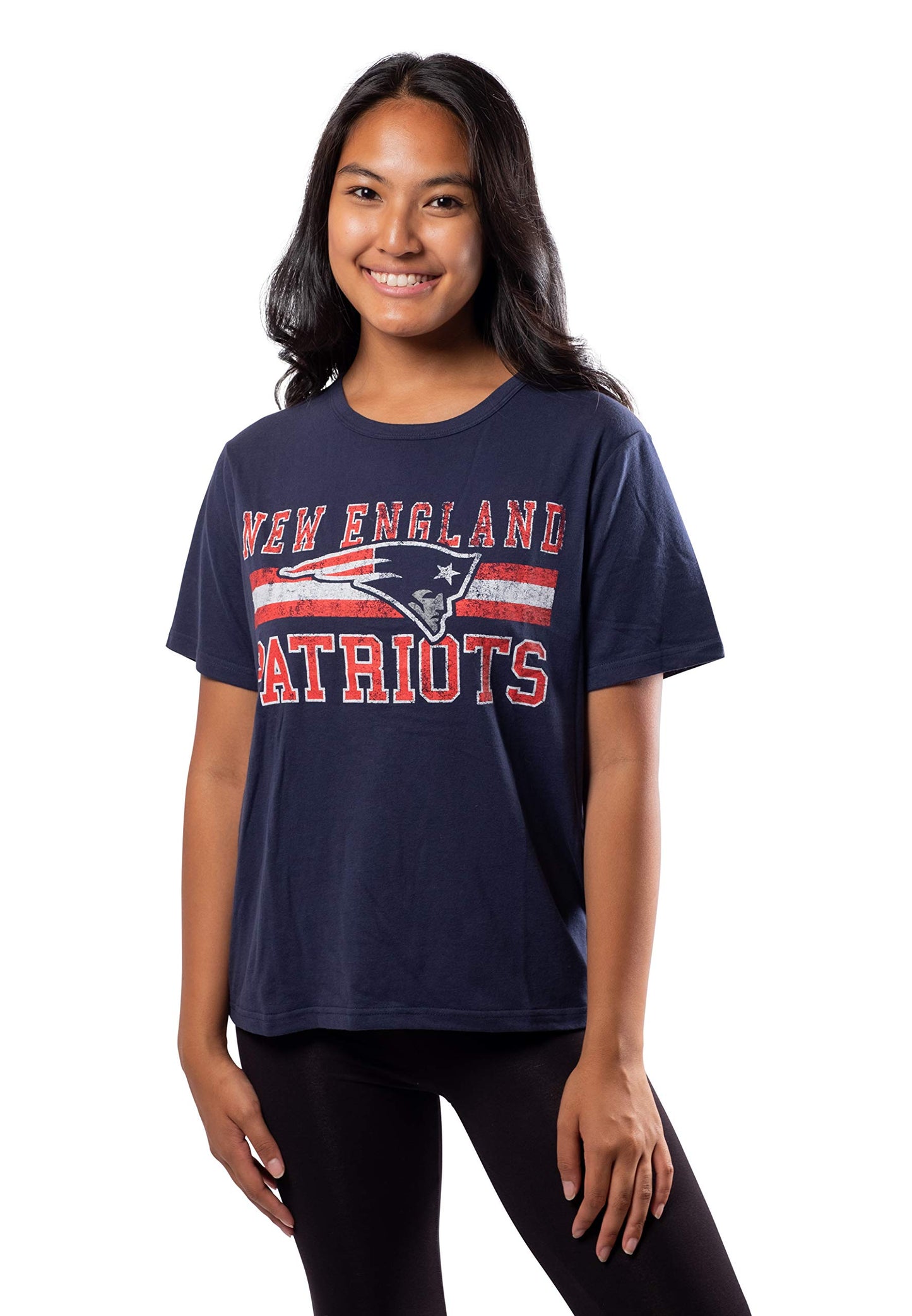 Ultra Game NFL New England Patriots Womens Distressed Graphics Soft Crew Neck Tee Shirt|New England Patriots - UltraGameShop