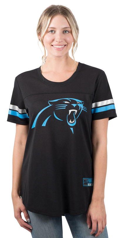 Ultra Game NFL Carolina Panthers Womens Soft Mesh Varsity Stripe T-Shirt|Carolina Panthers - UltraGameShop