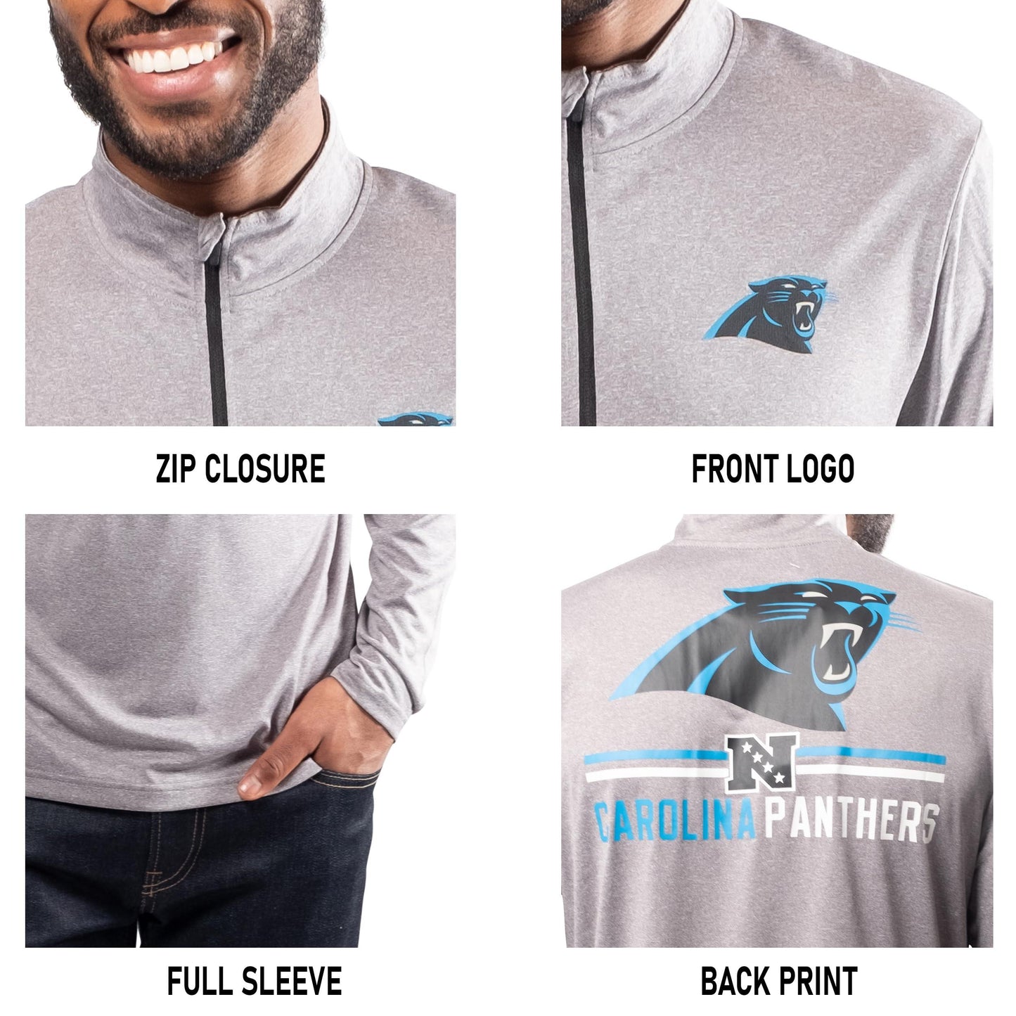 Ultra Game NFL Carolina Panthers Mens Super Soft Quarter Zip Long Sleeve T-Shirt|Carolina Panthers - UltraGameShop