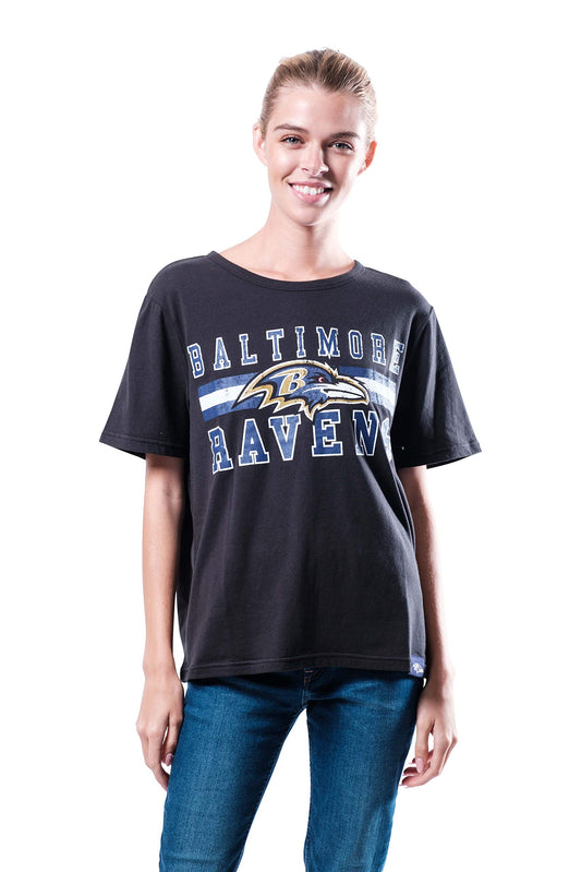 Ultra Game NFL Baltimore Ravens Womens Distressed Graphics Soft Crew Neck Tee Shirt|Baltimore Ravens - UltraGameShop